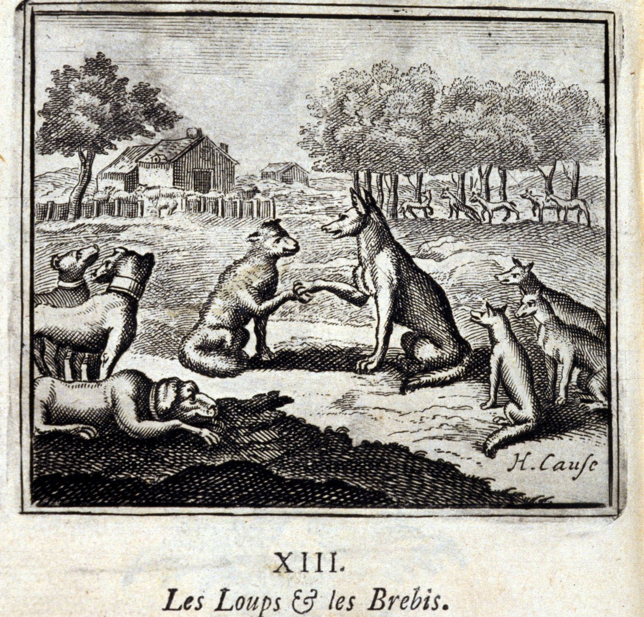 狼と羊。ジャン・ド・ラ・フォンテーヌ（1621-95）の寓話。挿絵はフランソワ・ショーボー（1613-1676）。1728年の版。 作： フランソワ・ショーボー