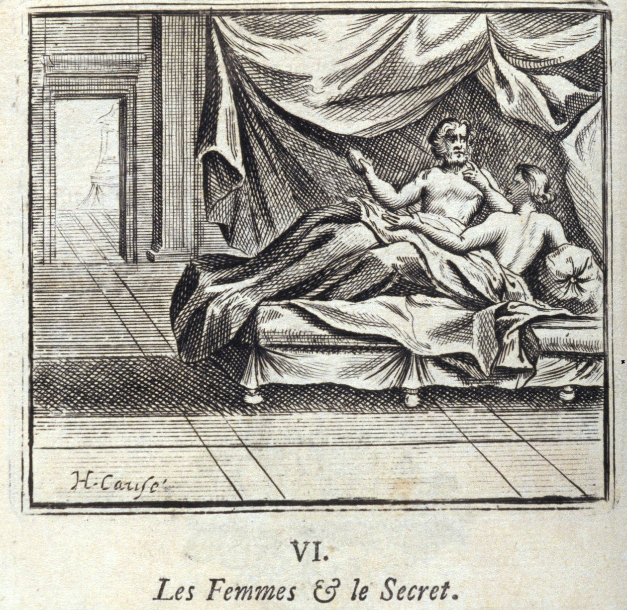 女性と秘密。ジャン・ド・ラ・フォンテーヌ（1621-95）の寓話。挿絵はフランソワ・ショーボー（1613-1676）。1728年の版。 作： フランソワ・ショーボー