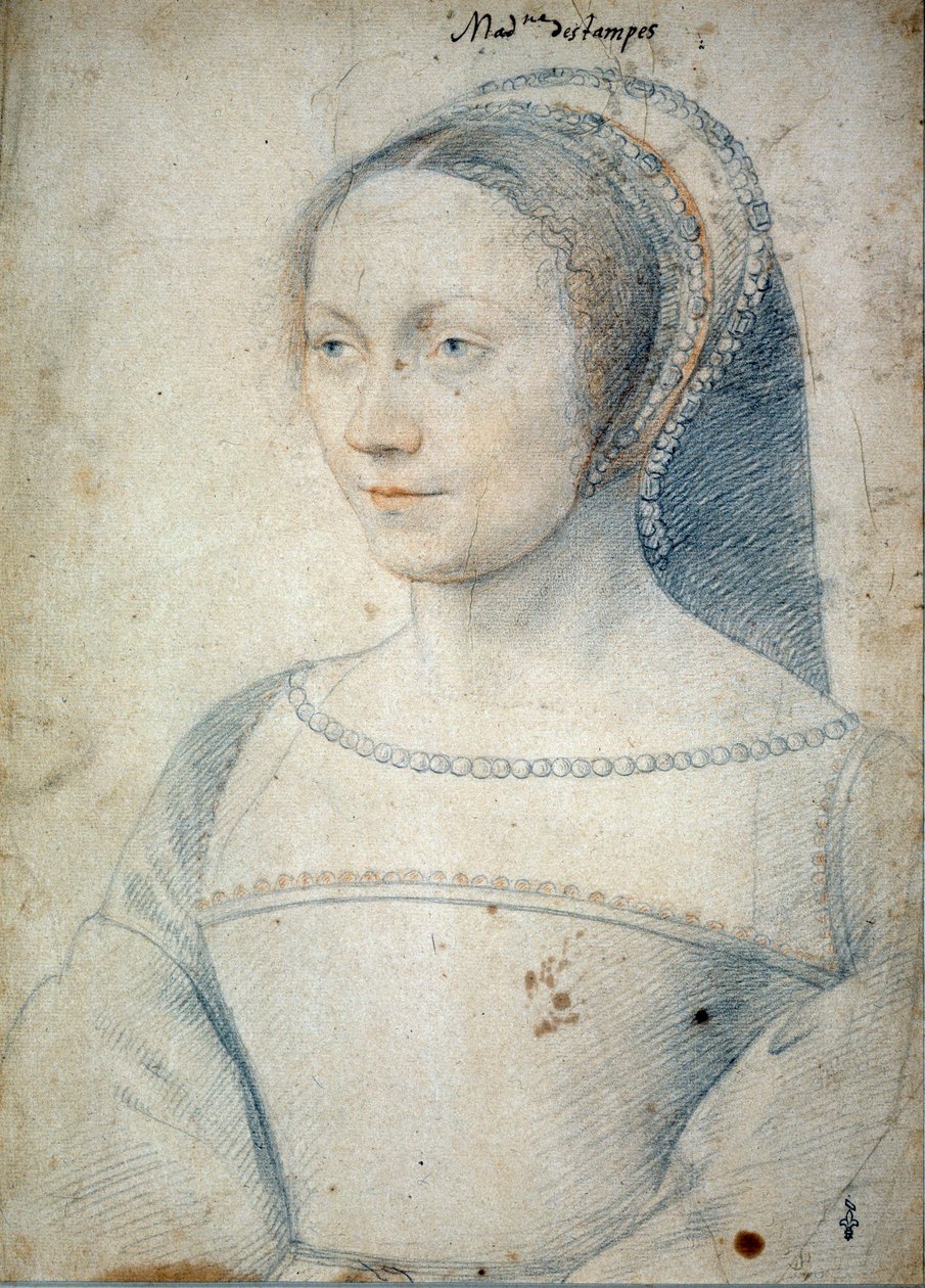 エタンプ公爵夫人ジャン・ド・ブラッシュの妻、アンヌ・ド・ピッスルの肖像（1508年～1576年）。フランソワ・クルエ（1515-1572）による黒い石と血を使ったドローイング 作： フランソワ・クルーエ