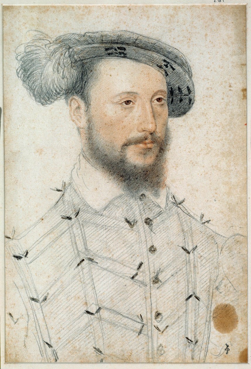 ピエンヌ公アントワーヌ・ドゥ・ハリュアン（1505 - 1553）の肖像。クルエ・フランソワ（1515-1572）による血と黒い石のドローイング 作： フランソワ・クルーエ