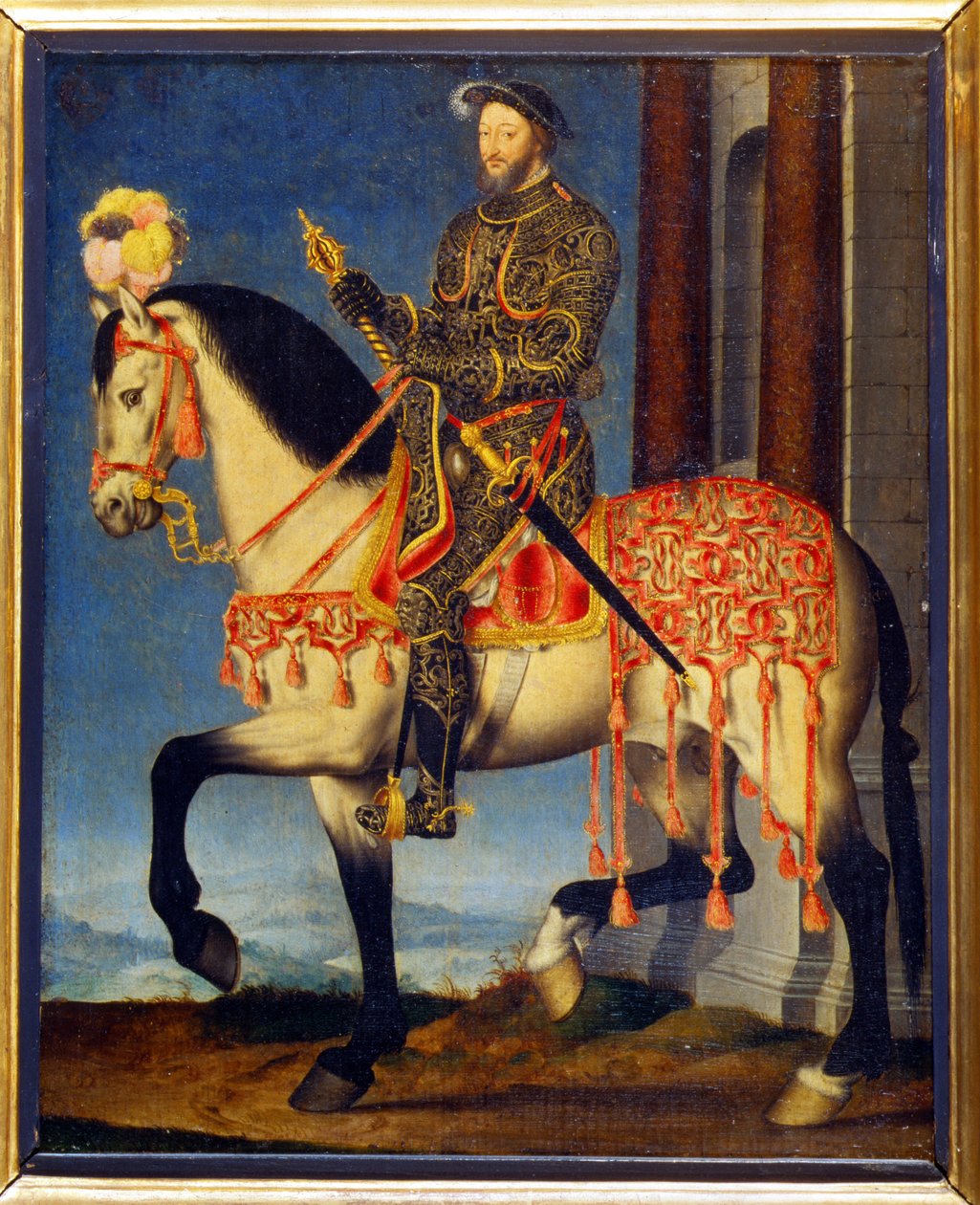 フランソワ・クルエ（1510年頃～1572年頃）による馬上のフランソワ1世の肖像。フィレンツェのウフィツィ美術館 - フランスのフランシス1世の騎馬像（油彩・パネル 作： フランソワ・クルーエ