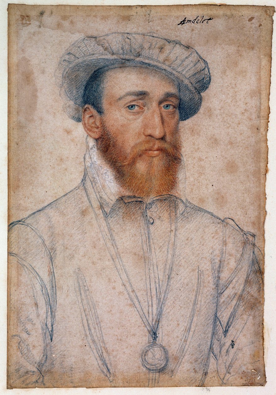 アンデローの領主フランソワ・ド・コリニー（1521 - 1569年）の肖像。クルエ・フランソワ（1515-1572）による血と黒い石のドローイング 作： フランソワ・クルーエ