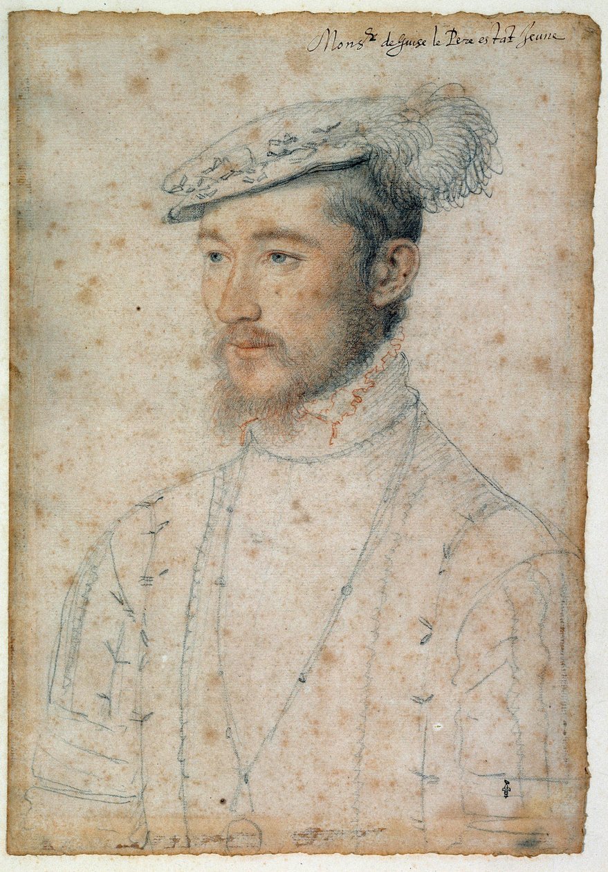 ギーズ公フランソワ・ド・ロレーヌ（1520 - 1563）の肖像。クルエ・フランソワ（1515-1572）による血と黒い石のドローイング 作： フランソワ・クルーエ