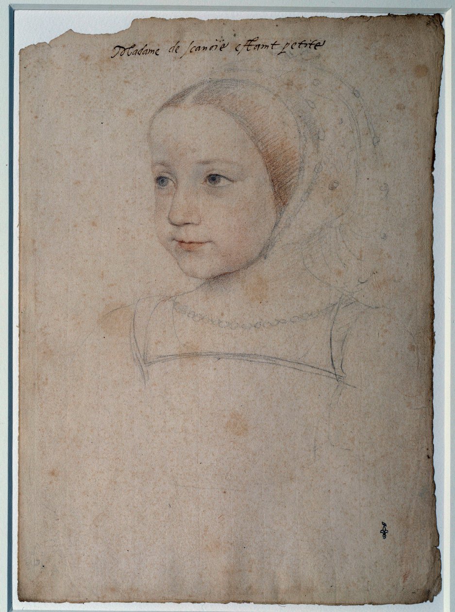 マルグリット・ド・フランス（1523-1574）の肖像 フランソワ1世の娘、サヴォワ公爵夫人の子供 黒石でデッサンし、フランソワ・クルエ（1515-1572）が水彩で血色を良くした 16世紀 シャンティイ、コンデ美術館蔵 作： フランソワ・クルーエ