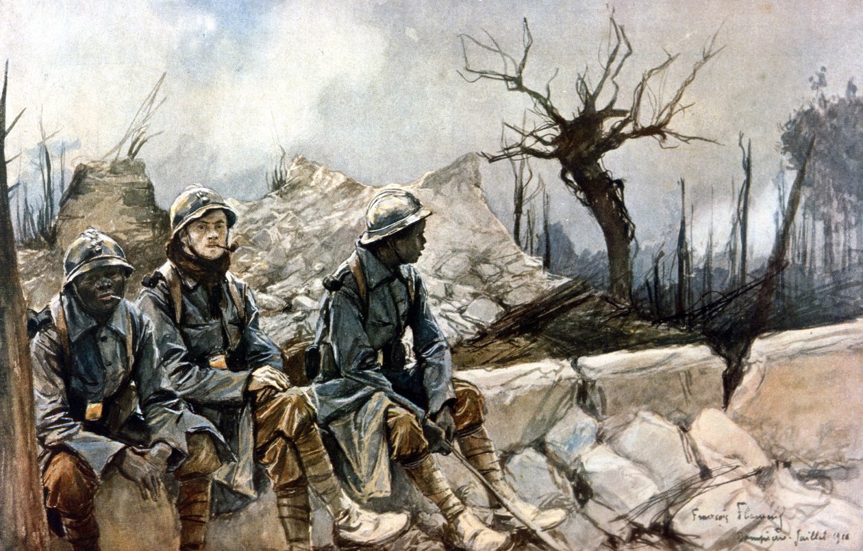 ダンピエール教会の廃墟の前に座っている3人のフランス兵。1914年から1918年の戦争。フランソワ・フラメン（1856-1923）の絵画。パリ、アルミー美術館 作： フランソワ・フラメン