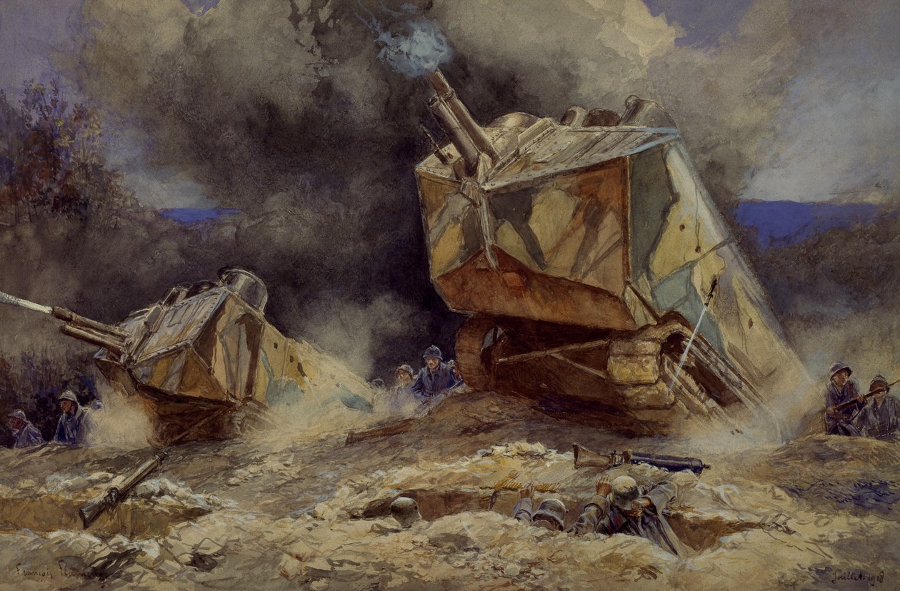 サン・シャモンでの歩兵と戦車の攻撃（1918年7月）（水彩画 作： フランソワ・フラメン