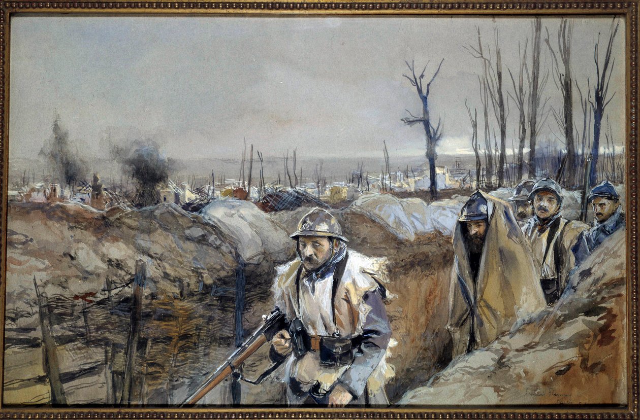 第一次世界大戦："View of Souchez (in Artois), a trench on 18/12/1915" Francois Flameng (1856-1923) による水彩画 1915年12月 Sun.0,3x0,48 m Paris, musee de l
