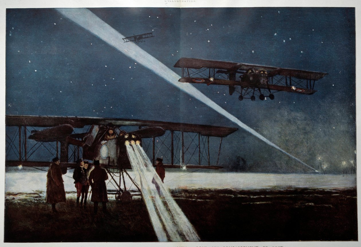 第一次世界大戦：「1918年の夜間爆撃のための飛行隊 "隣人 "からの出発」Francois Flameng（1856-1923）による水彩画 1918年 個人蔵 作： フランソワ・フラメン