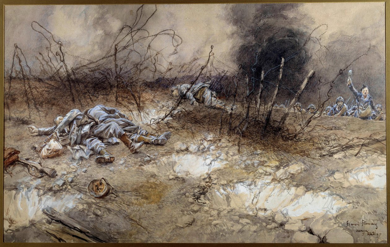 第一次世界大戦：1917/04/05のLa Craonneの戦いのシーン。髭の間に横たわる歩兵の死体。フランソワ・フラメン（1856-1923）による水彩画 Sun.0,3x0,56 m パリ、Musee de l