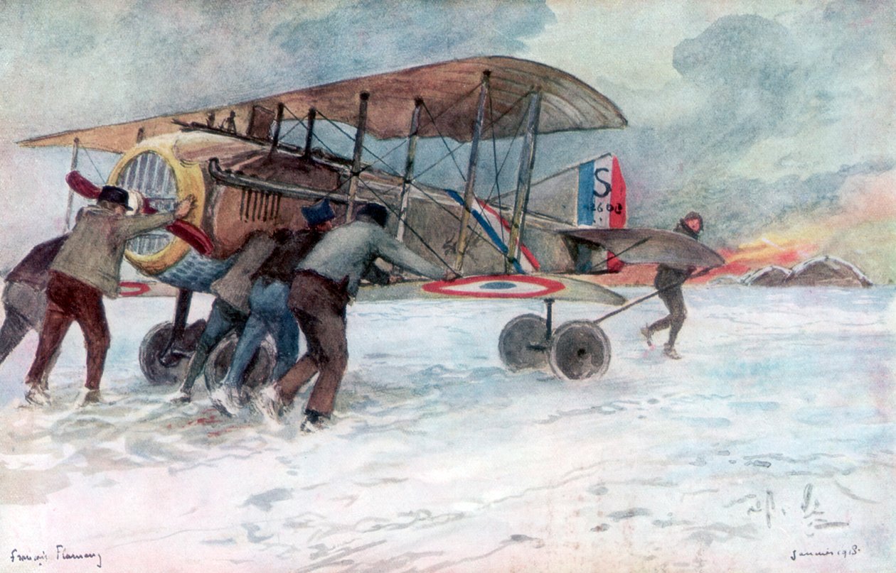1918年、1926年、雪に覆われたフィールドでフレンチスパッドに参加する地上作業員。 作： フランソワ・フラメン