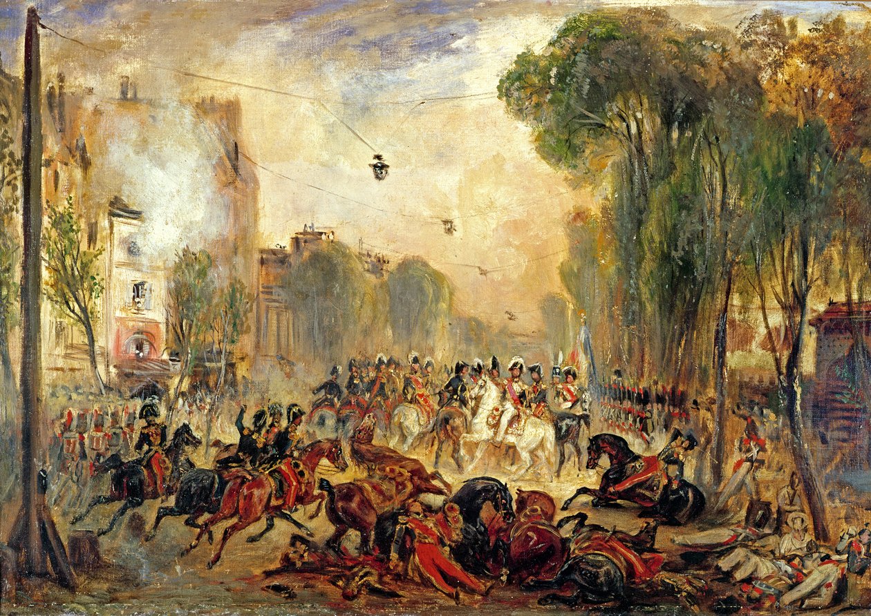 ジュゼッペ フィエスキ (1790-1836) によるルイ フィリップ王 (1773-1850) の暗殺未遂、1835 年 7 月 28 日、テンプル大通り (キャンバスに油彩) 作： フランソワ・ガブリエル・ギヨーム・レポール