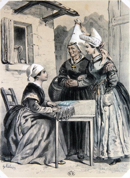 ノルマンディー地方カエンのレース職人たち（1852年にナントで出版されたシャルパンティエの版画「La Normandie Illustree」より）（カラーリトグラフ版 作： フランソワ・ヒッポリテ（後）ラライセ