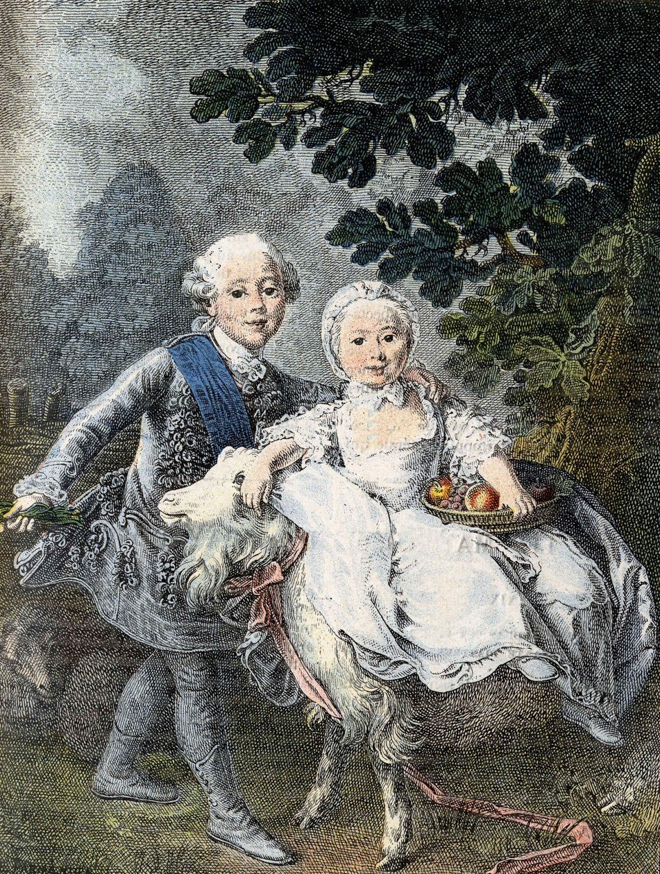 アルトワ伯爵の子供（後のシャルル10世）（1757-1836）とその妹マリー・クロティルド・ザヴィエール（後のサルデーニャ王妃）（1759-1802） - 1764年の図。フランソワ・ユベール・ドゥルエの絵画に基づく19世紀のエングレーヴィング。 作： フランソワ・ユベール（マナー）ドルエ