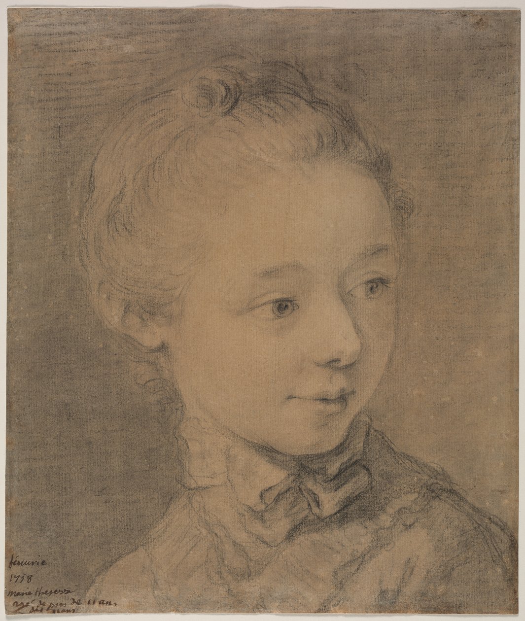 右を向く少女の頭、1758年。 作： フランソワ・ユベール・ドルエ