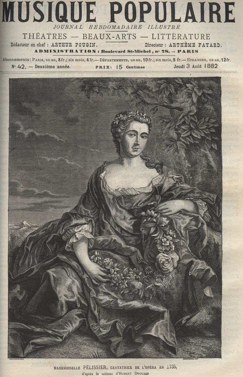 フランスのオペラ歌手Marie Pelissier (またはPellissier) (1707-1749)の肖像 - Hubert Drouais画の後のエングレーヴィング - 絵入り週刊新聞 "La musique populaire "のエングレーヴィング - 1882年 作： フランソワ・ユベール・ドルエ