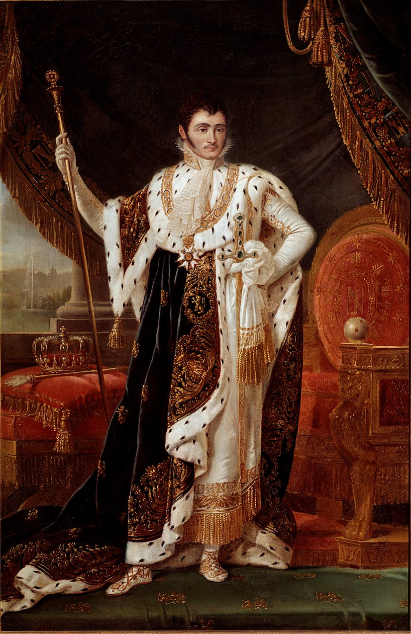 ヴェストファーレン王ジェローム・ボナパルト（1784-1860）の肖像、ヴィルヘルムスホーエの庭園の前で フランソワ・ジョセフ（Francois-Joseph）・キンソン（1770-1839）またはキンソーンの絵画。19世紀 日2,1x1,4 m Versailles musee du chateau 作： フランソワ・ジョセフ・キンソン