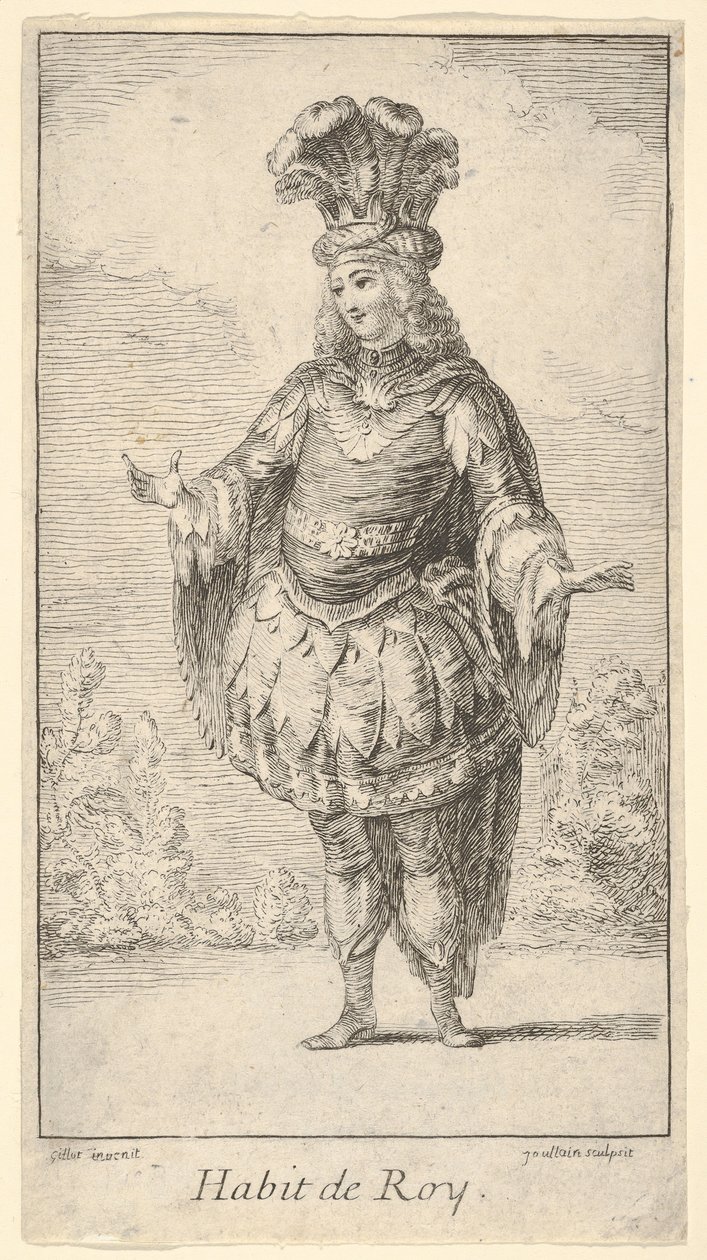 Habit de Roy: ロゼットで飾られたトヌレット、王冠、ターバンを身に着けた男性..., ca. 1721年。 作： フランソワ・ジュラン