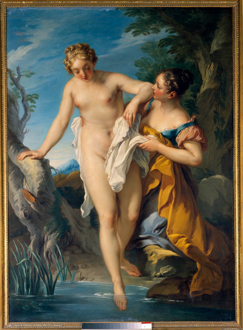 浴女とその次 フランソワ・ル・モワンヌ（1688-1737）の絵画。18世紀の作品。薄暗い。1,63 x 1,17 m トゥール、ミュゼ・デ・ボザール 作： フランソワ・レモイン