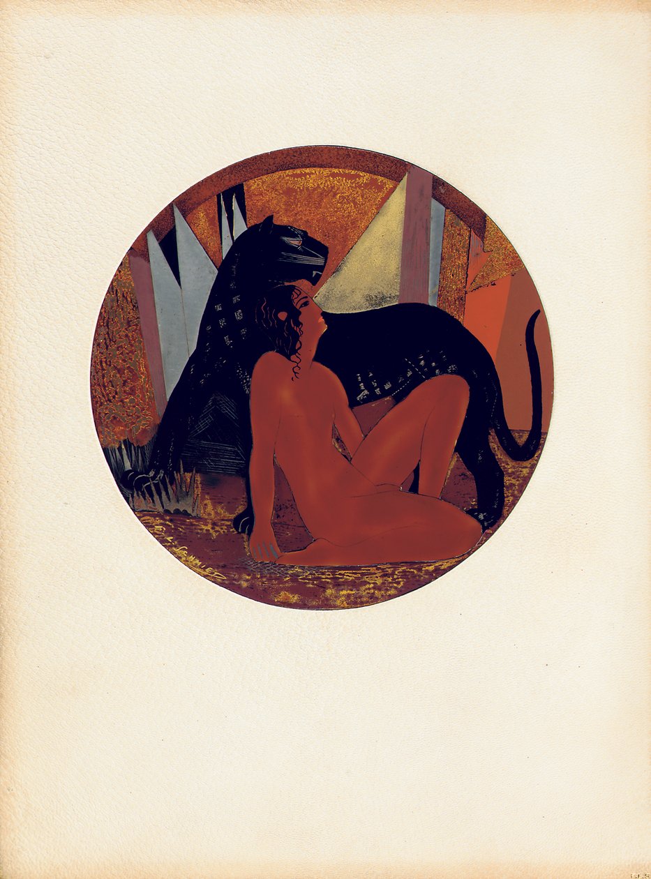Mowgli and Bagheera、RudyardKiplingによる「TheJungleBook」のイラスト、Jean Dunand（1877-1942）によるカラード 作： フランソワ・ルイ（後）鍛冶屋