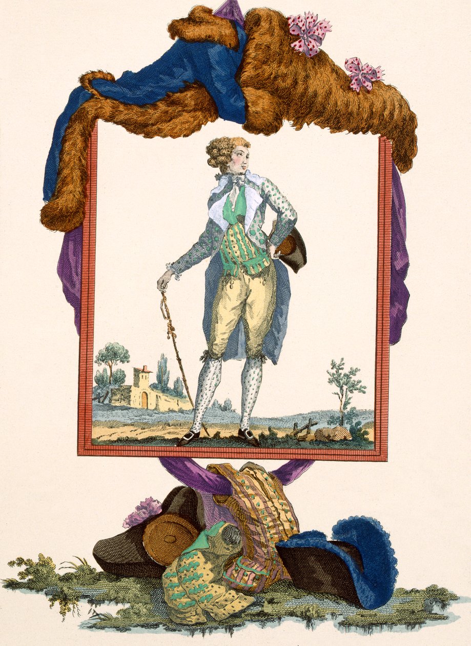 デュパンが刻印した白いチョッキが描かれた白いシルクのジャケットを着た若い男、「Galeries des Modes et Costumes Francais」、プレート番号265、c.1778-87 作： フランソワ・ルイ・ジョセフ・ワトー