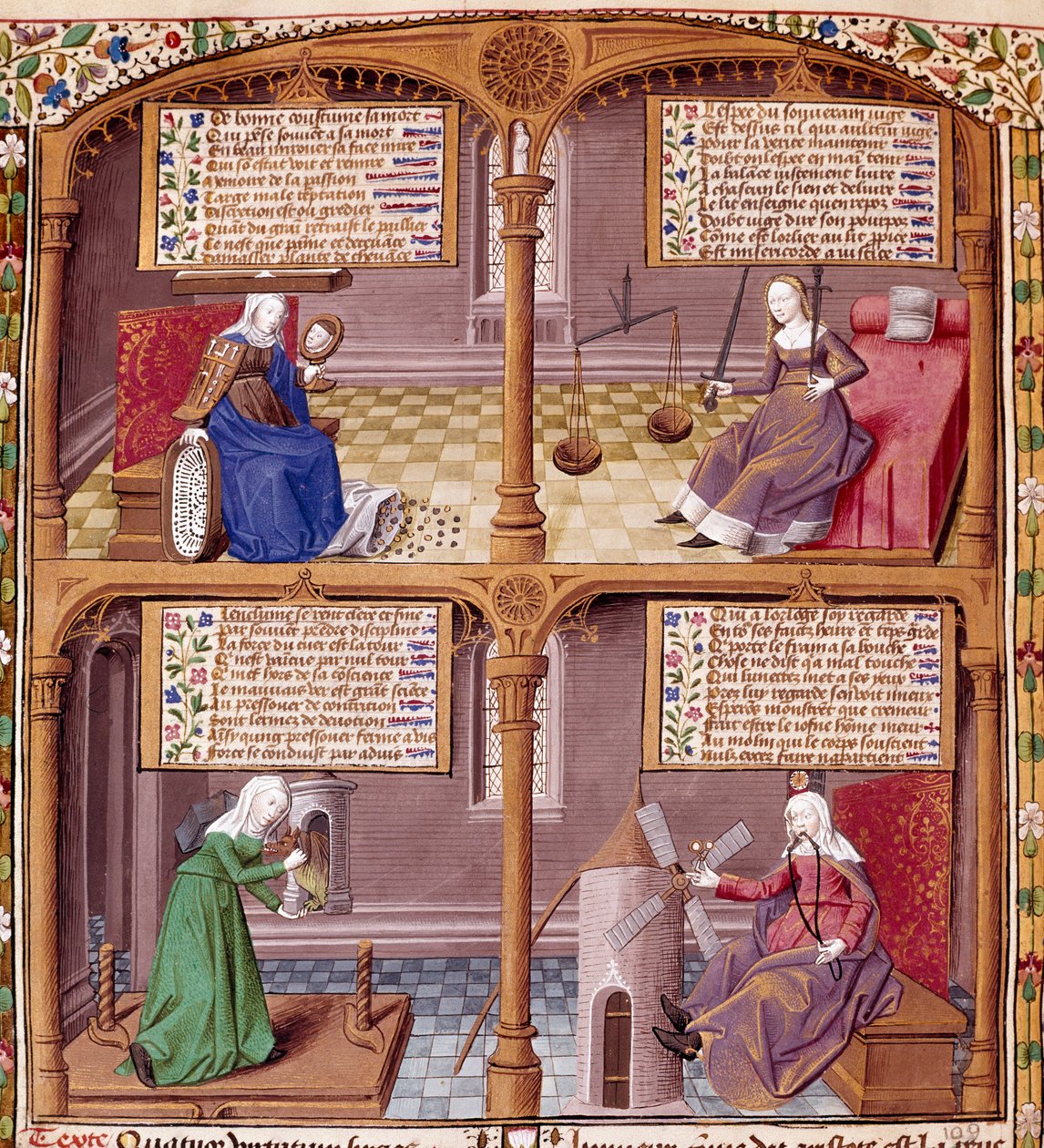 Die vier Kardinaltugenden: Klugheit, Stärke, Mäßigung und Gerechtigkeit. Seite aus einem Manuskript von Seneca (Lucius Annaeus Seneca, 4 v. Chr.-65 n. Chr.) von Maître François