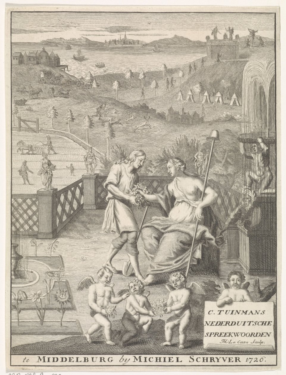 庭師から花を受け取るオランダの処女 タイトル ページ: Carolus Tuinman、(...) Nederduitsche のことわざの起源と解釈、1726 年。 作： フランソワモレロンラケーブ