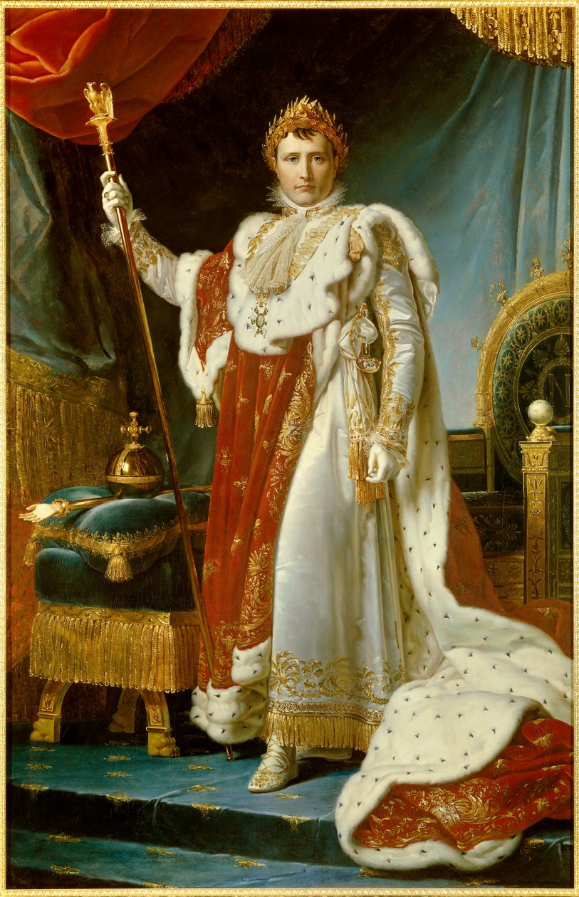 神聖な衣装を身にまとったナポレオン1世（1769-1821）の足元の肖像 フランソワ・ジェラール（1770-1837）の描いたフランスの皇帝。1805.薄暗い。2.23 x 1.43 m. Versailles, musee du Chateau - 戴冠式の衣装を着たナポレオン1世の全身像（1769-1821年） 皇帝 作： バロン・フランソワ・パスカルサイモン・ジェラール