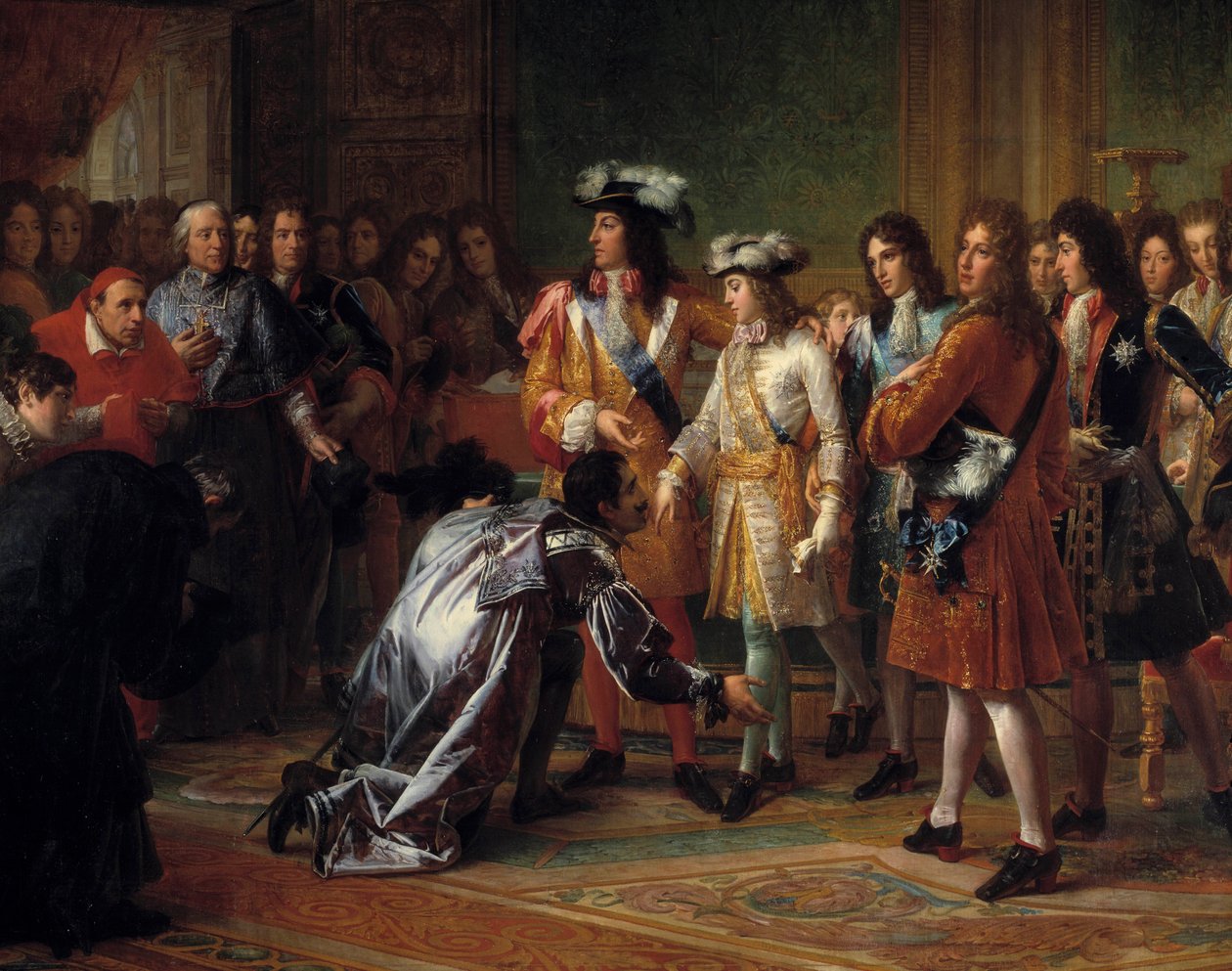 1700年11月16日、フィリップ5世の名でスペイン王となったアンジュー公の布告（青い衣装で、左の枢機卿の後ろにジャック＝ベニーニュ（ジャック・ベニーニュ）・ボズエが立っている）。フランソワ・ジェラール（1770-1837）による絵画。18世紀の太陽 作： バロン・フランソワ・パスカルサイモン・ジェラール