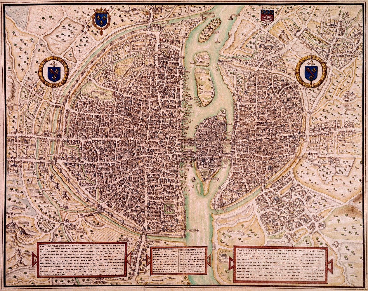 タペストリーに描かれている1540年から1555年のパリの街の地図。フランソワ・ロジェ・ド・ガイニエール（1642-1715）によるエングレーヴィング。paris, B.N. 作： フランソワ・ロジャー・ド・ガイニエール