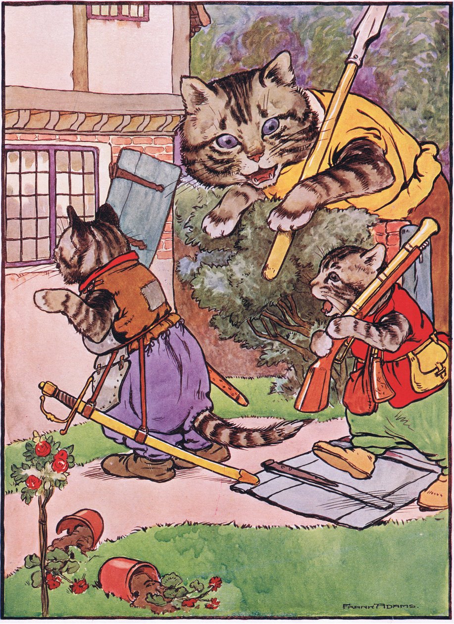 チャールズH.ベネット著、「カエルはウーイングゴー」のイラストが描かれた、子猫を飼っている猫が家まで忍び寄る1916 作： フランク・アダムス