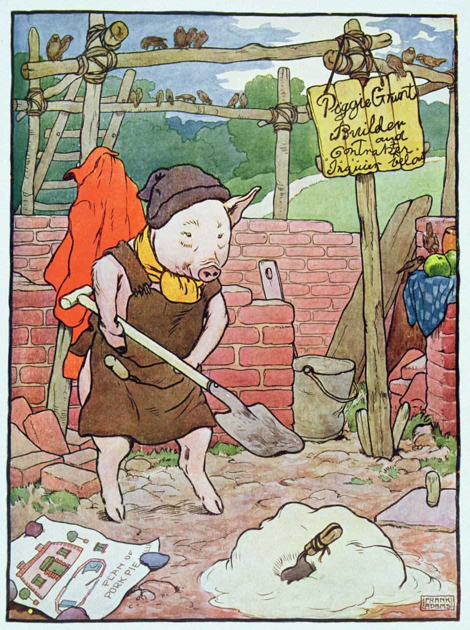 「そして、子ブタはレンガの家を建てました」、「三匹の子ぶた」のイラスト、1930年代に公開 作： フランク・アダムス