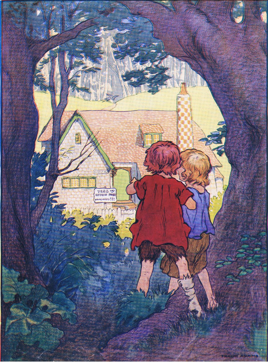 森の真ん中に、Blackie＆Son Limited発行のヘンゼルとグレーテルの素晴らしい白い家がありました。1940年頃 作： フランク・アダムス