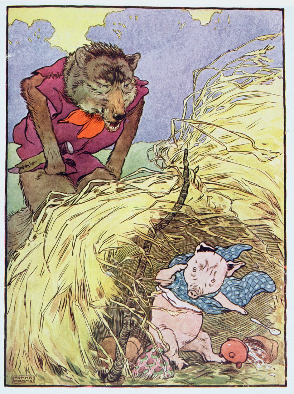 1930年代に出版された「三匹の子ぶた」のイラスト「わらの家を爆破するまで彼はハフし、パフを吹いた」 作： フランク・アダムス