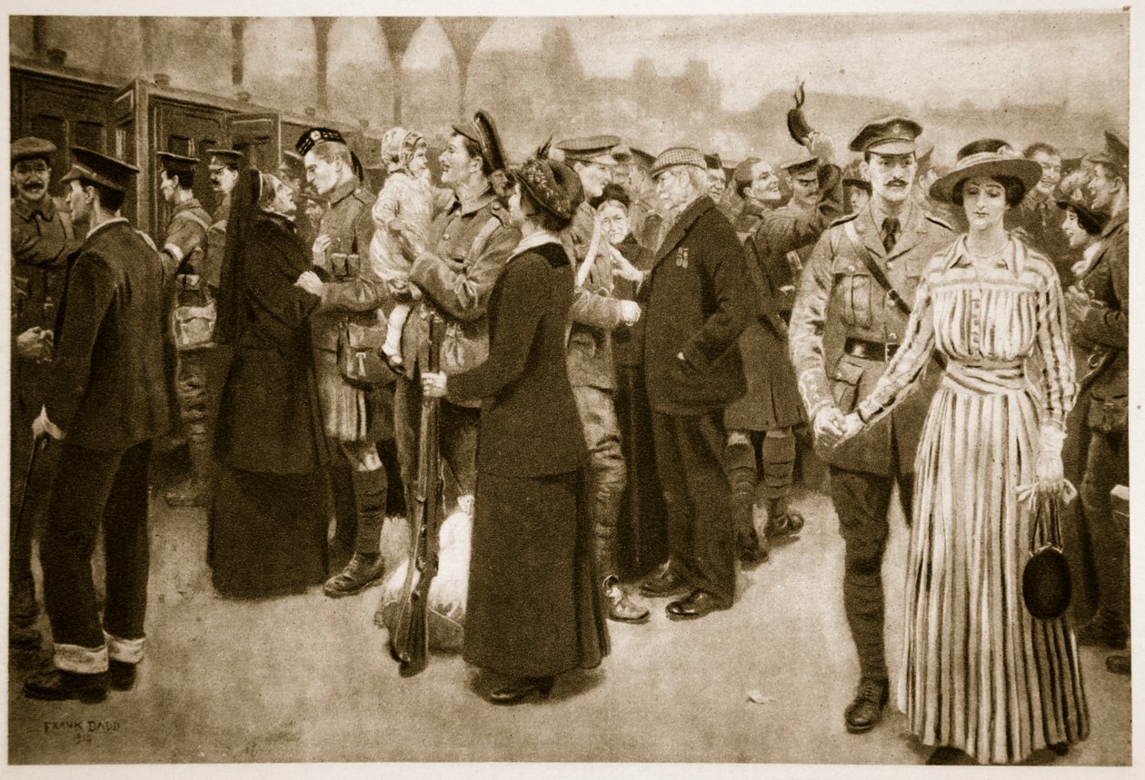 送別の瞬間：1915年の戦時中のビクトリア駅の感動的なシーン 作： フランク・ダッド