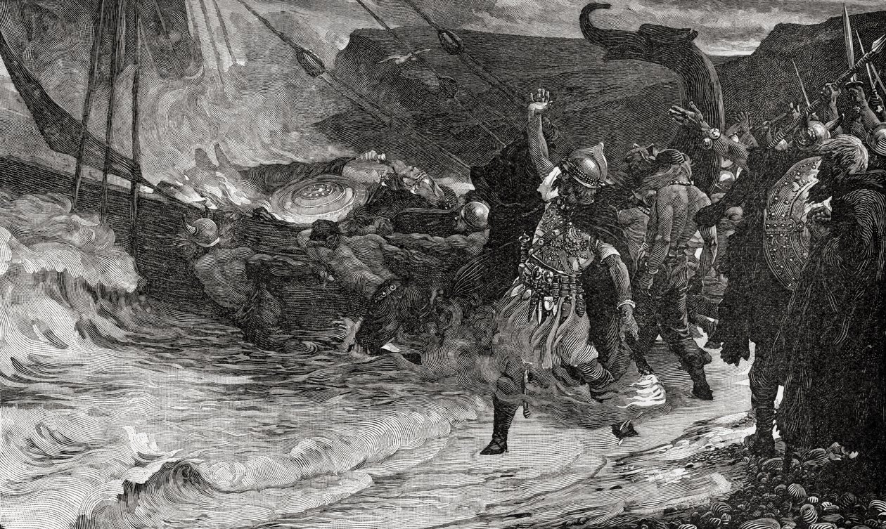 「イギリスの教会：人々のための歴史」の本からのバイキングの葬儀、発行c.1910 作： フランク・ディクシー