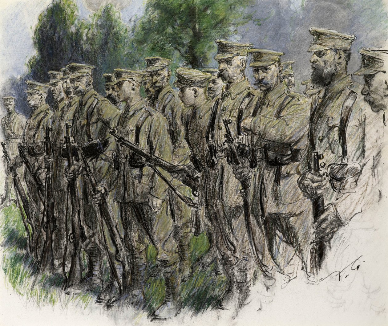 フォール・イン・ノーフォーク・ボランティアズ、1916年頃（紙にパステル） 作： フランク・ギレット