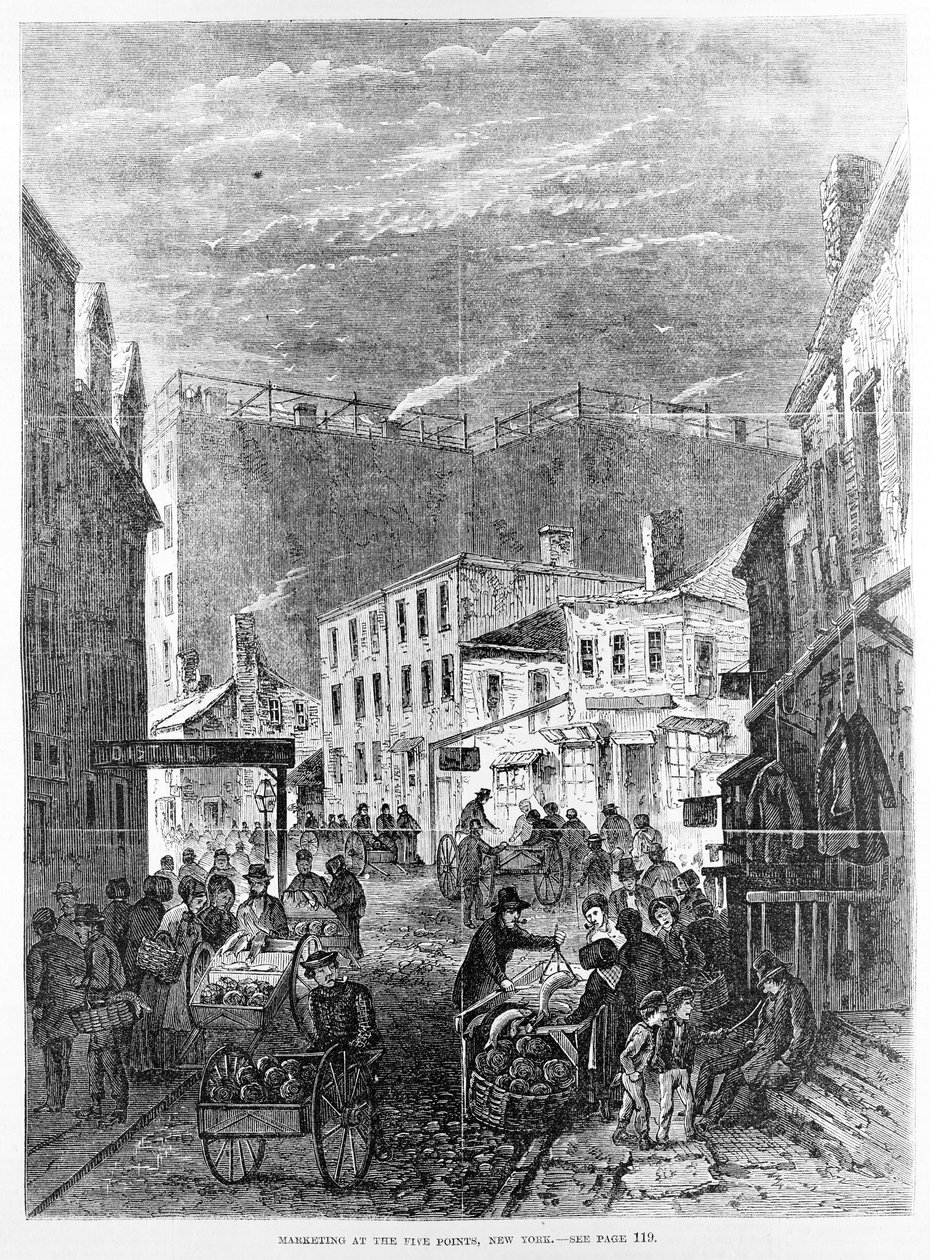 1869年5月8日、「フランクレスリーのイラスト入り新聞」より、ニューヨークのファイブポイントでのマーケティング 作： フランク・レスリー