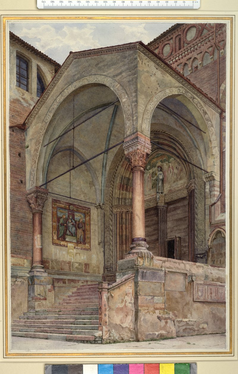 イタリア、ヴェローナ、サンフェルモマッジョーレの北ポーチc。 1884ウォーヴ紙に水彩 作： フランク・ランダル