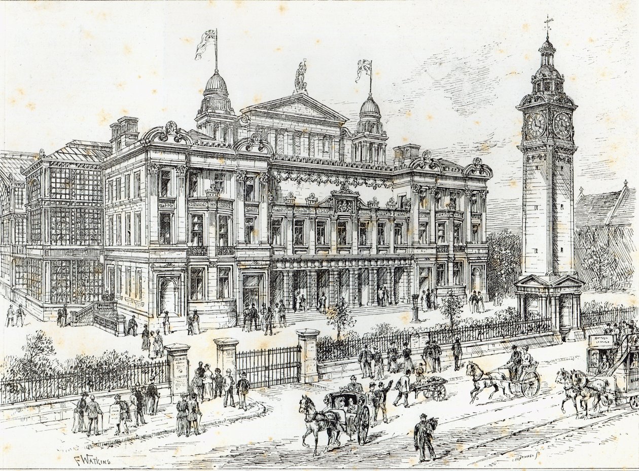 1891年6月27日の「イラストレイテッドロンドンニュース」から、イーストロンドンのマイルエンドロードの人民宮殿の完成した建物 作： フランク・ワトキンス