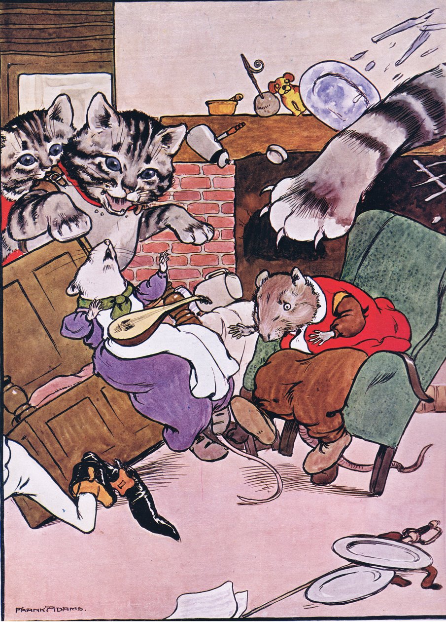 猫と彼女の子猫は、チャールズH.ベネットによる1916年の「カエルはウーイングゴー」のイラストから転がり込みました 作： フランク・アダムス