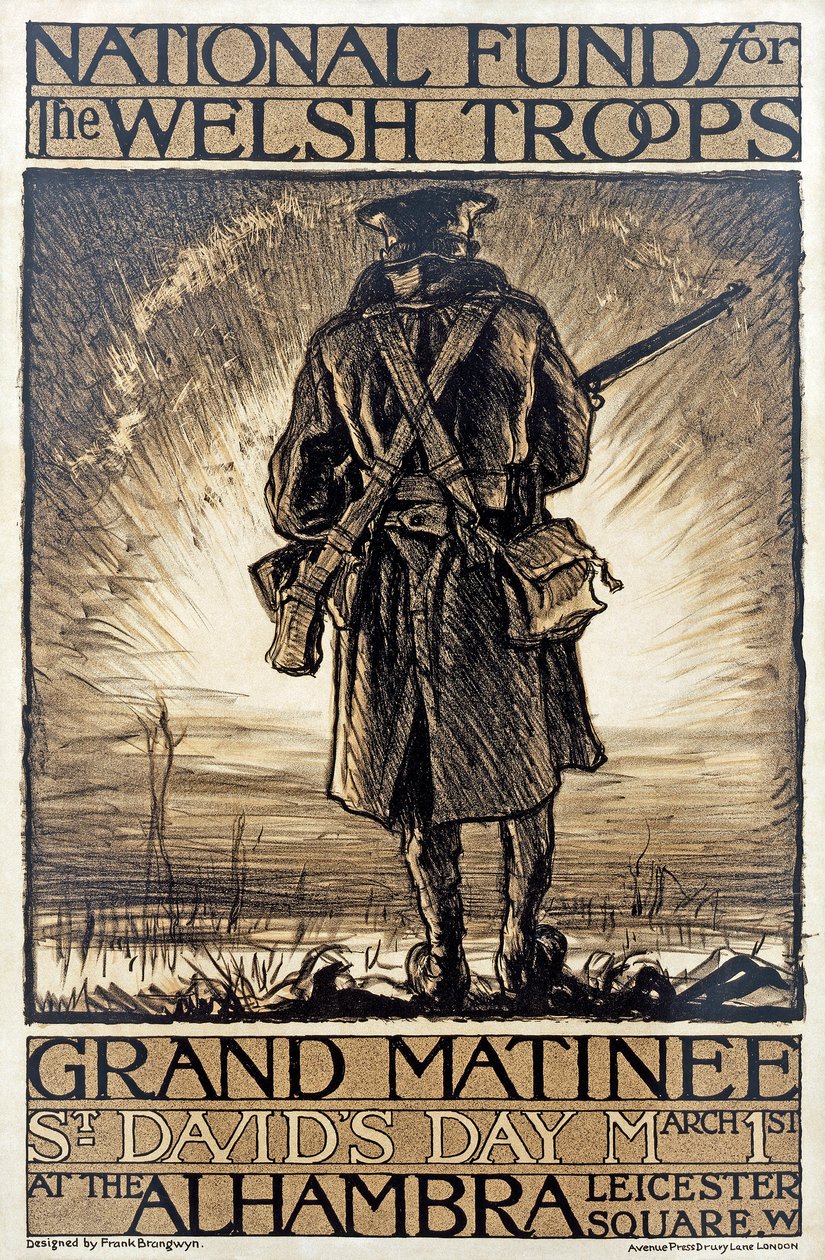 1915 年 3 月 1 日、ウェールズ軍のための国民基金の募金イベントを宣伝するポスター、 作： フランク・ブラングィン