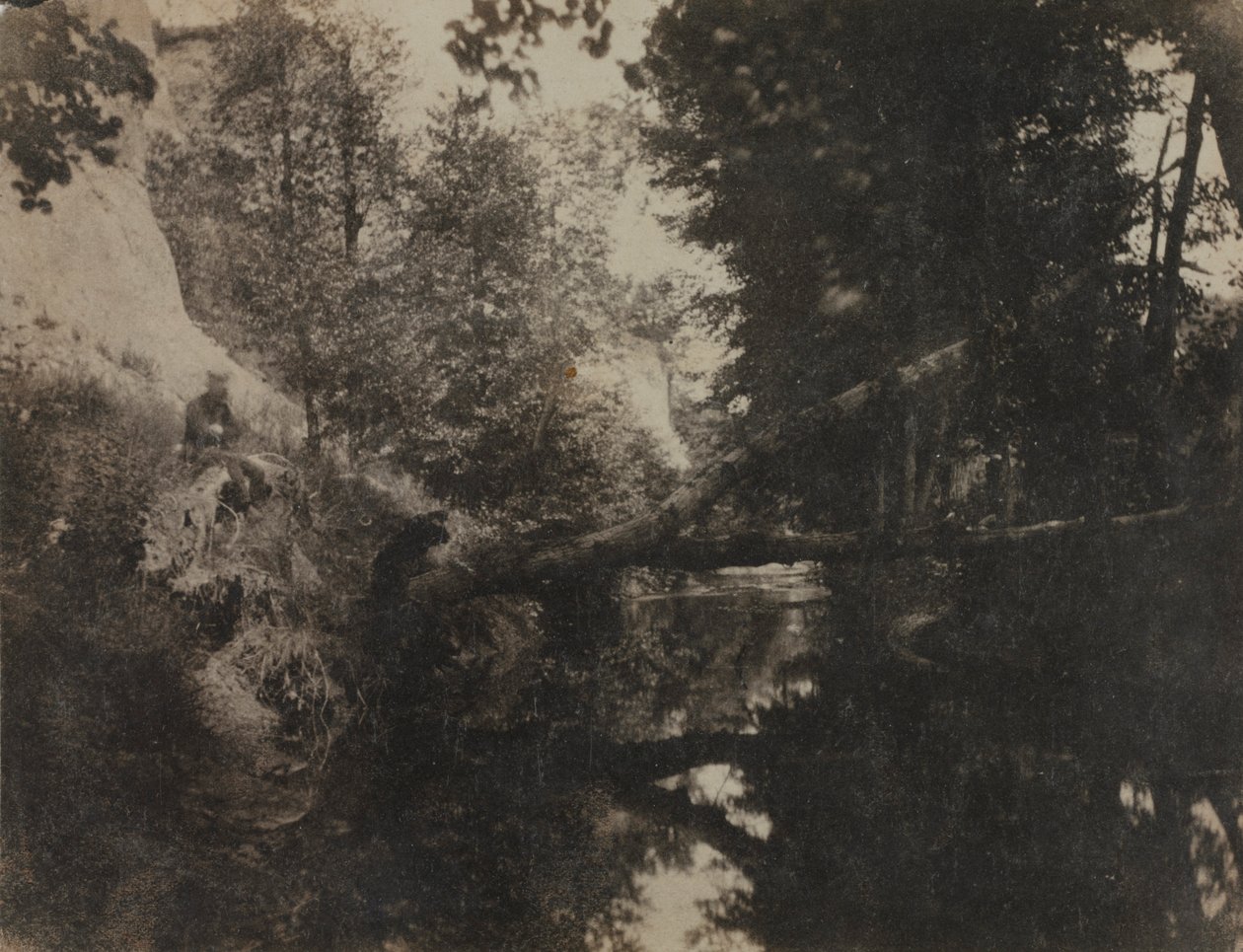 川岸に座っている人物のある風景、c。 1856年。 作： フランクChauvassaignes