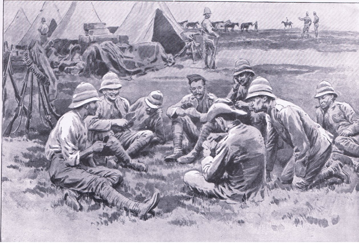 アフタープレトリアからの休息を楽しんでいる疲れた兵士：1901年にHarmsworth Bros Limitedが発行したゲリラ戦争 作： フランク・ダッド