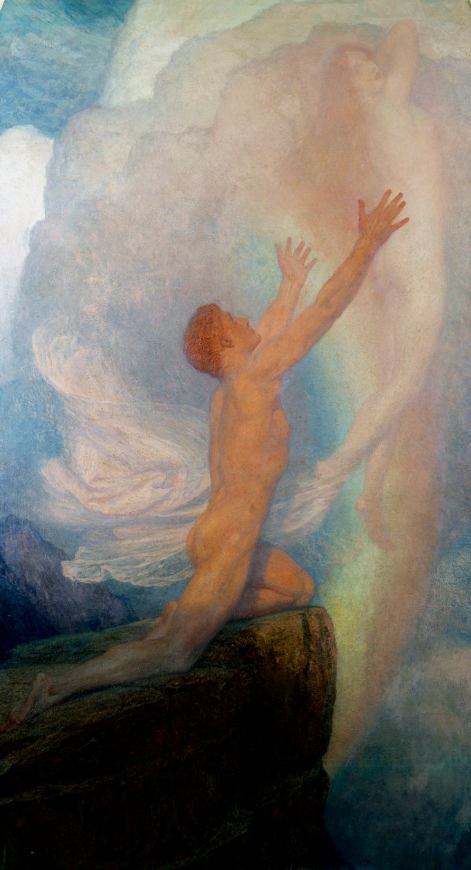 「山の頂上にいる男が、儚げな女性の姿を捉えようとしている。フランク・ディックシー（1853-1928）（前グラファイト）の絵画 作： フランク・ディクシー