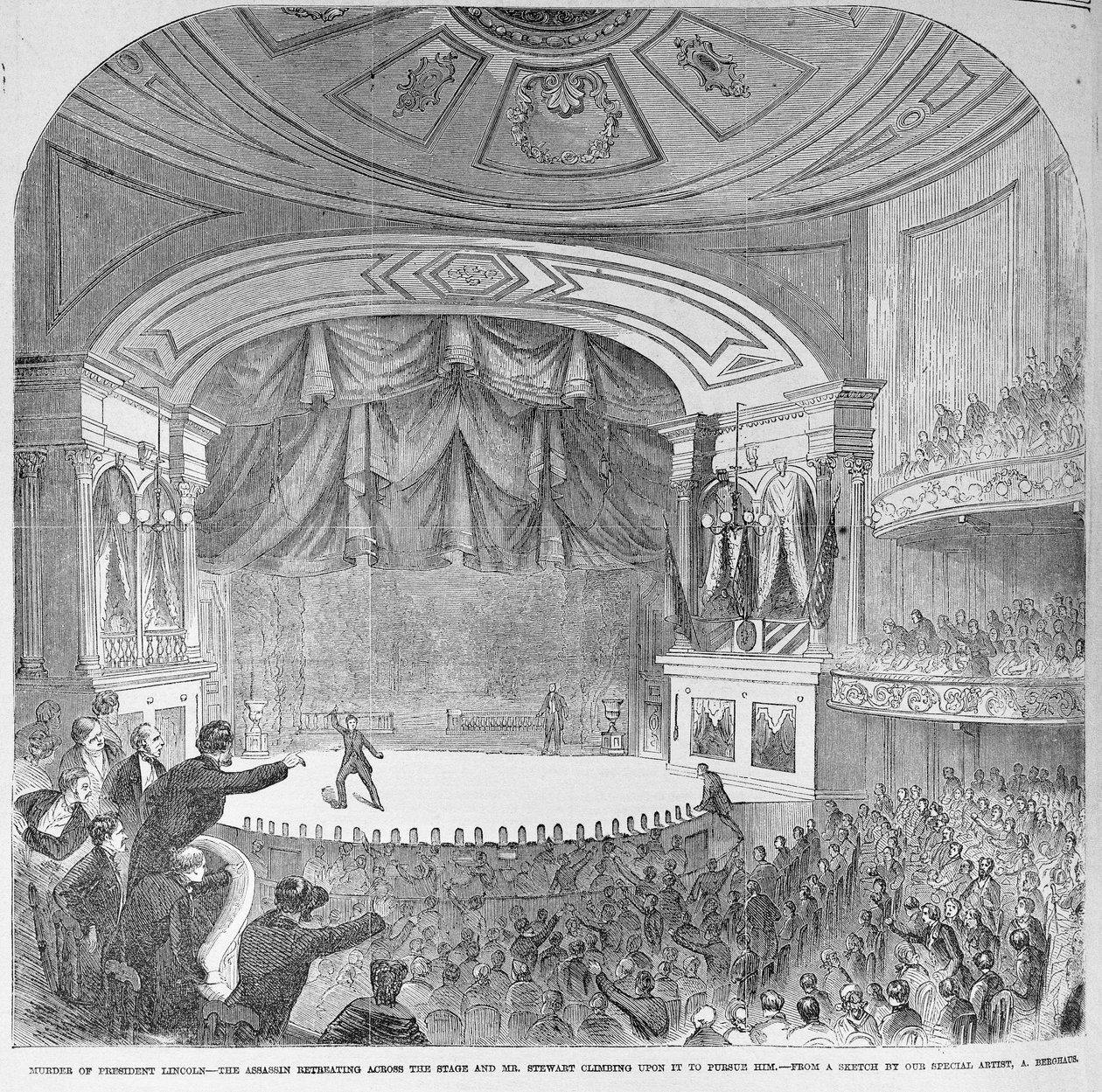 1865年5月20日の「フランクレスリーのイラスト入り新聞」からの1865年4月14日、フォードの劇場の箱に収められたエイブラハムリンカーン（1809-65）の暗殺 作： フランク・レスリー