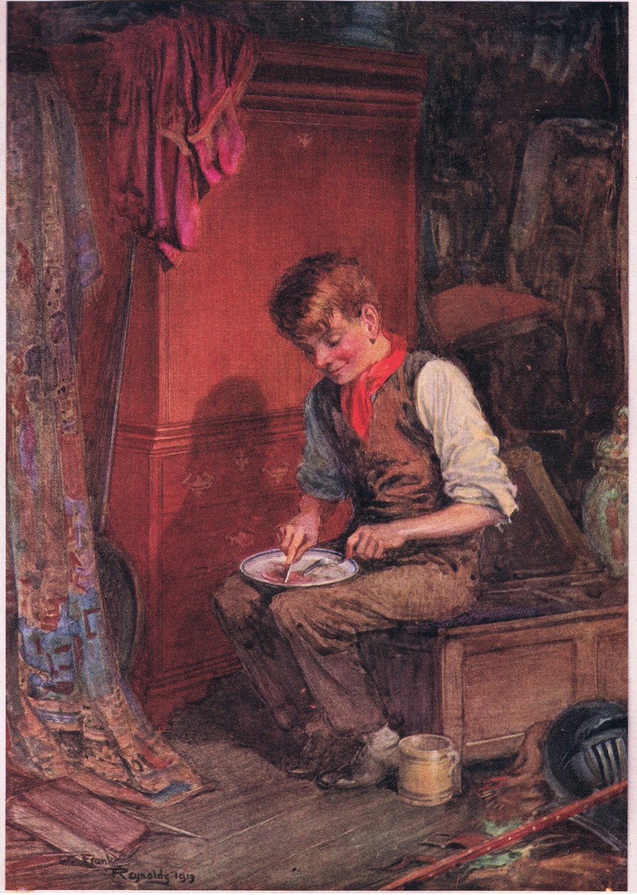 大きなパンと肉の切れ端を隅に運び、貪欲に処理するキット（1920年頃、カラーリトグラフ）。 作： フランク・レイノルズ