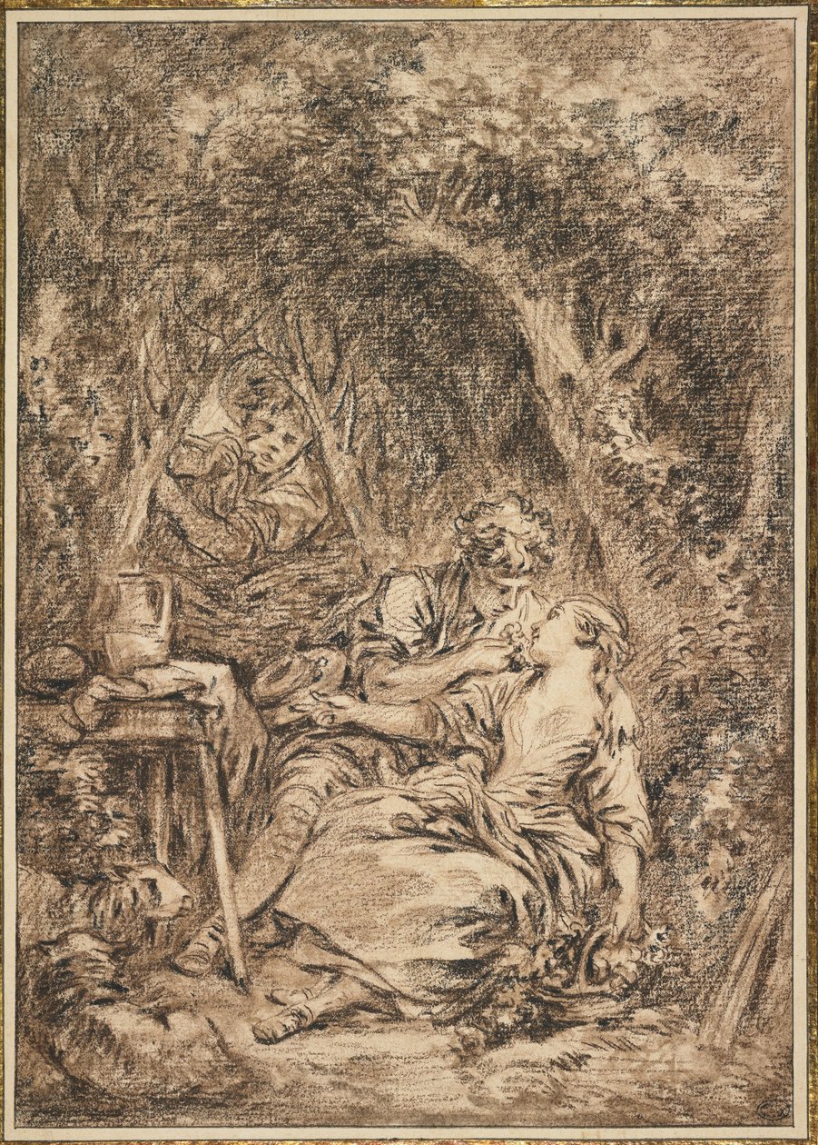 愛好家は驚きました（Annette et Lubin）、1760年代初頭（茶色と黒チョーク、茶色のウォッシュのタッチ） 作： フランソワ・ブーシェ