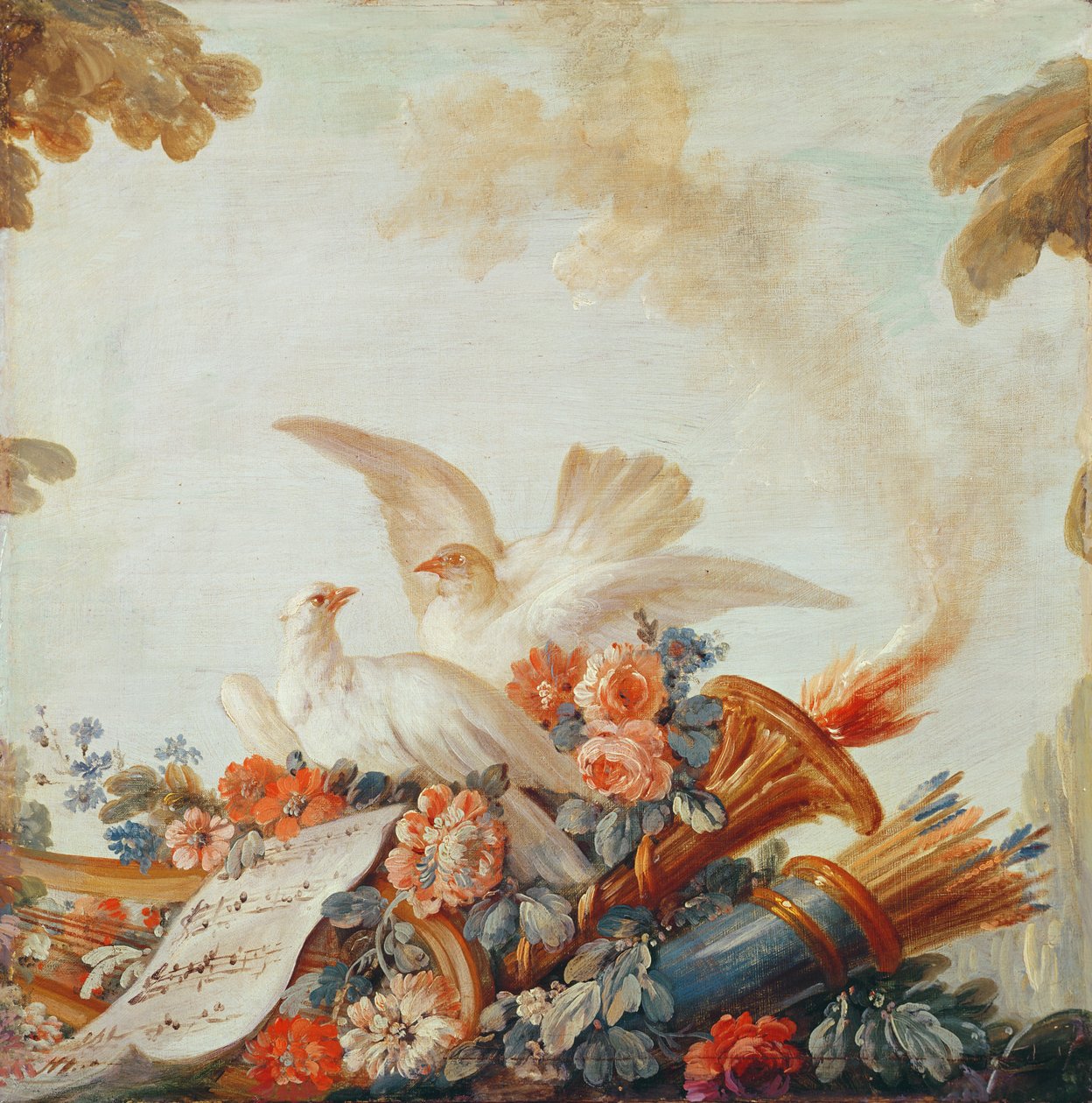 ドアの上の印刷メーカーGilles Demarteauのサロン：ハトと楽譜、c.1750-65 作： フランソワ・ブーシェ