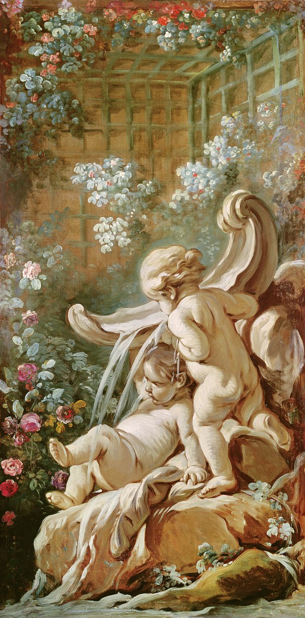 Gilles Demarteauのサロンの洗面台にある2つのキューピッド、c.1750-65 作： フランソワ・ブーシェ