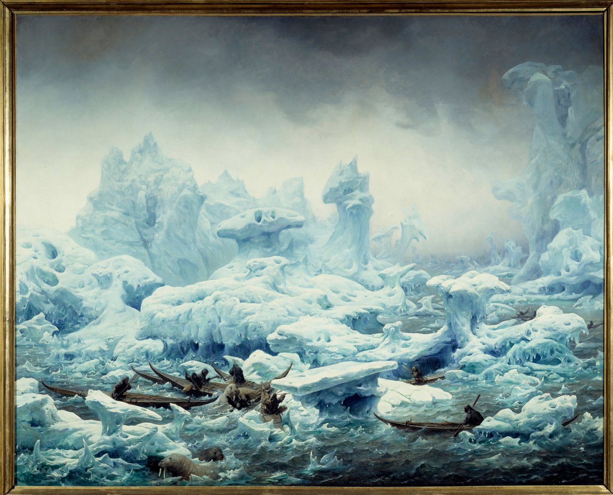 氷の海の眺め、グリーンランド人によるセイウチ漁 絵画：フランソワ・オーギュスト・ビアール（1799-1882） 1841年 日。1,3x1,63 m Dieppe, musee du chateau - 北極海でのセイウチ漁の様子。極海の眺め、セイウチを狩るグリーンランド人。による絵画 作： フランソワ・オーギュスト・ビアール